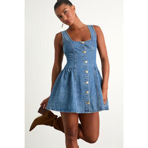 Lulus Prinsley Medium Wash Denim Button-front Mini Dress Blue - Size M